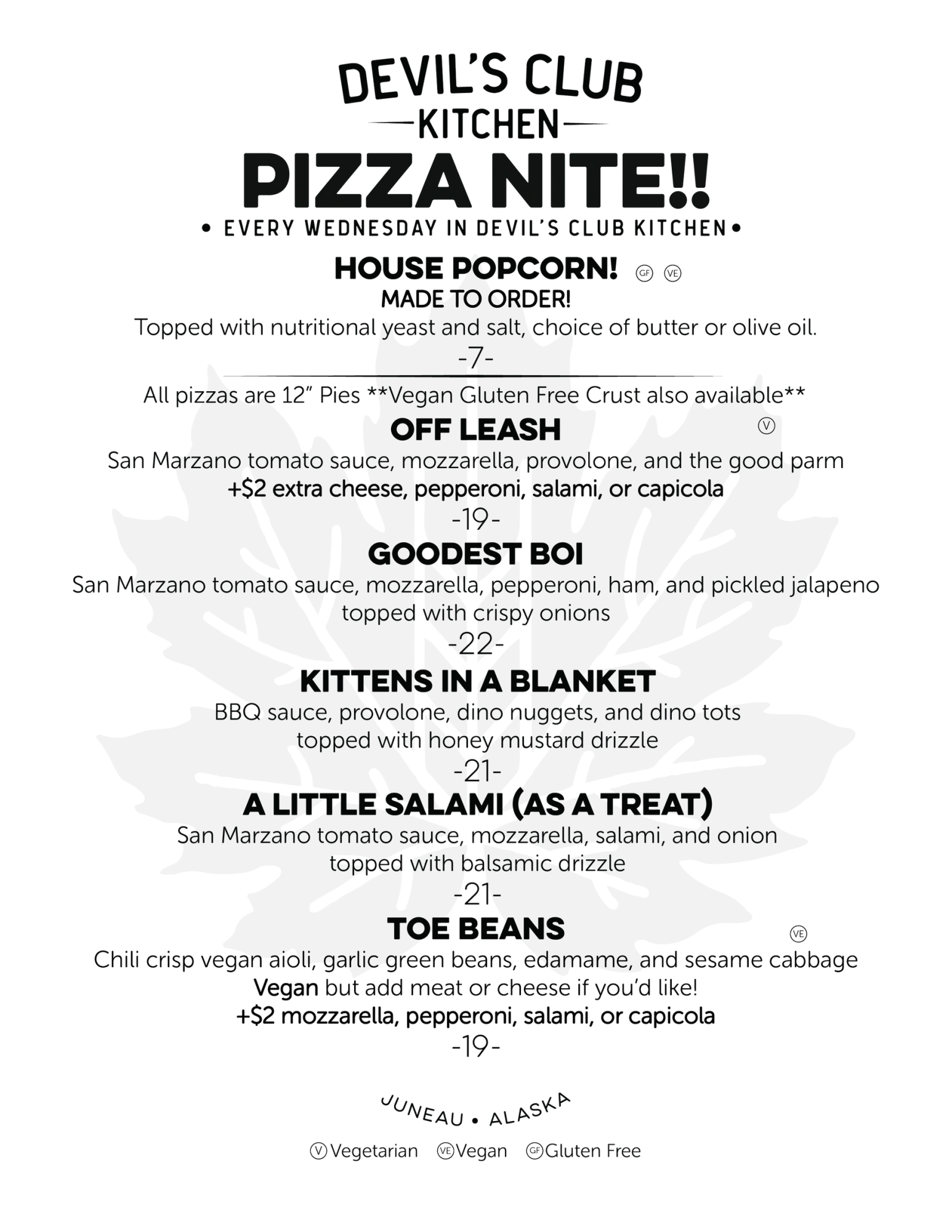 Devil's Club Kitchen Pizza Nite menu updated September 30