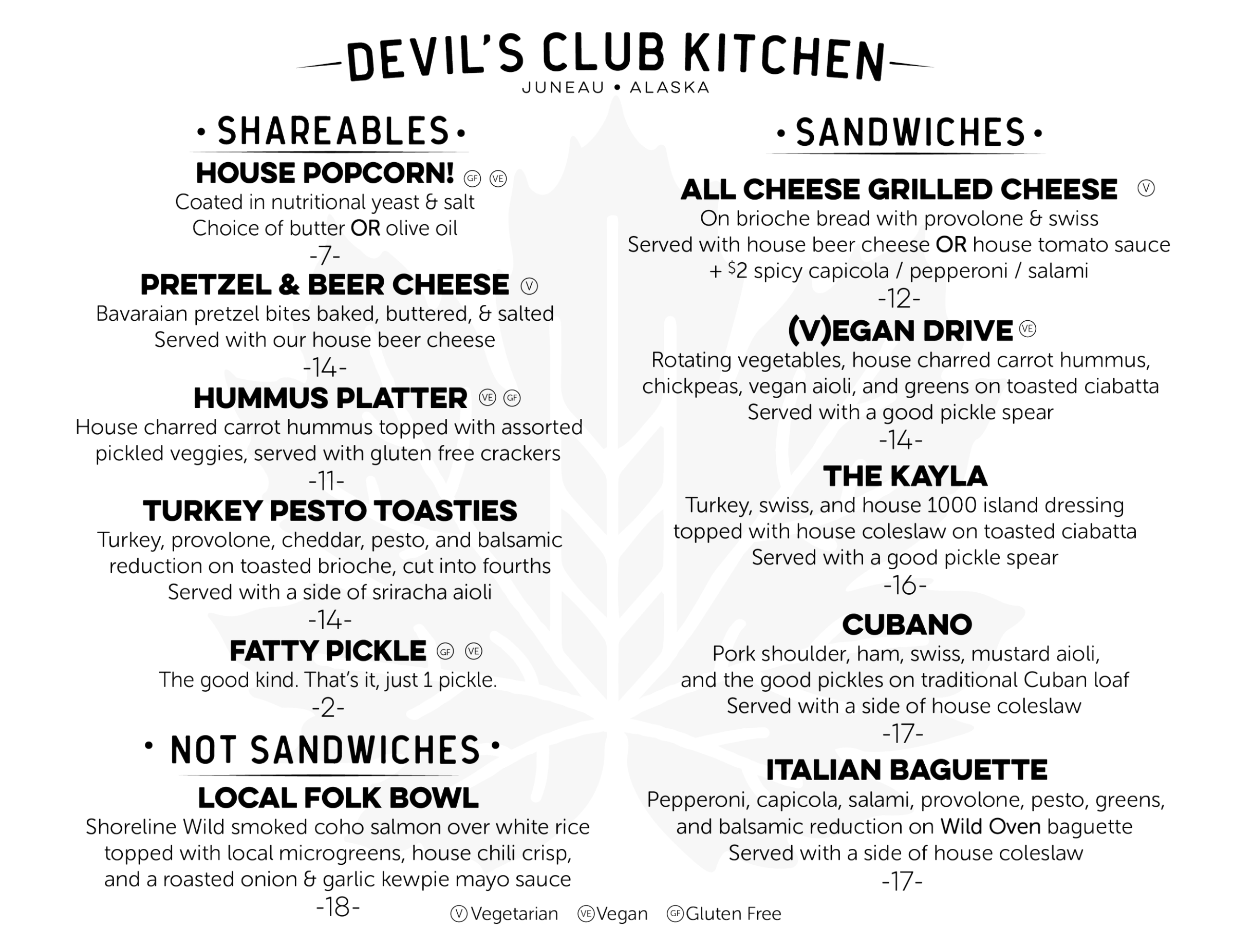 Devil's Club Kitchen menu artwork; accessible text menu follows below